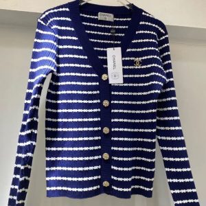 Replica Designer Chanel Women Fashion Striped Wave Pattern Knitted Cardigan