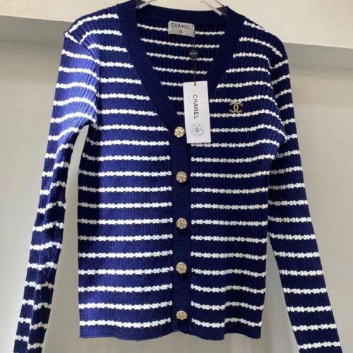 Replica Designer Chanel Women Fashion Striped Wave Pattern Knitted Cardigan