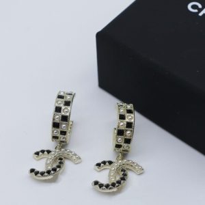 Replica Designer Chanel Women Fashion Tassel Double C Black Rhinestone Pearl Earrings