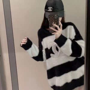 Replica Designer Chanel Women Fashion Velvet Stripe Sweater