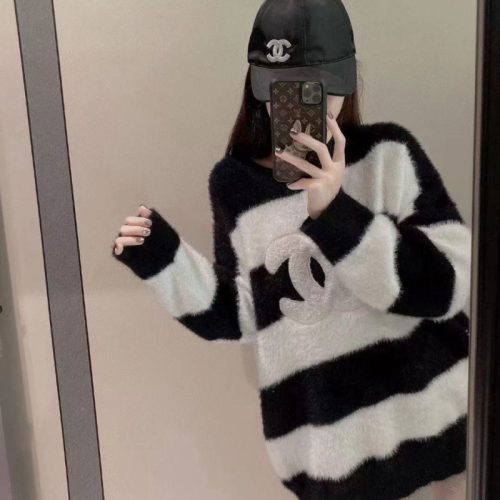Replica Designer Chanel Women Fashion Velvet Stripe Sweater