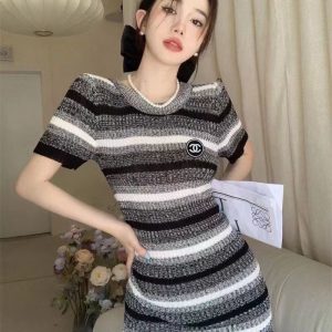 Replica Designer Chanel Women FashionStripe Double C Knitted Slim Dresses