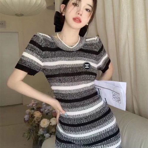 Replica Designer Chanel Women FashionStripe Double C Knitted Slim Dresses