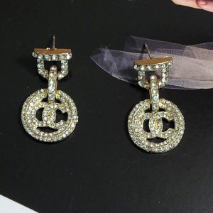 Replica Designer Chanel Women Geometric Round Rhinestone Double C Earrings