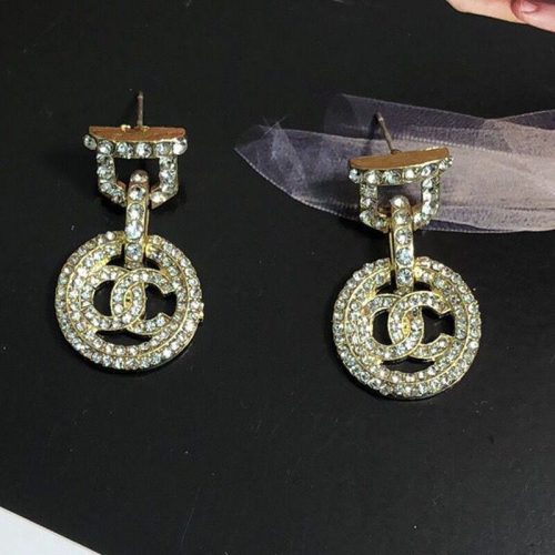 Replica Designer Chanel Women Geometric Round Rhinestone Double C Earrings