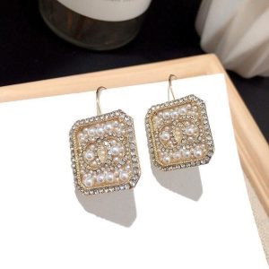 Replica Designer Chanel Women Geometric Square Pearl Rhinestone Double C Earrings