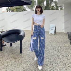 Replica Designer Chanel Women High Waist Straight Loose Plaid Jeans