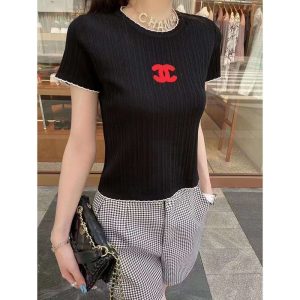 Replica Designer Chanel Women Ice Silk Short-Sleeved Color-Blocking Round Neck Sweater