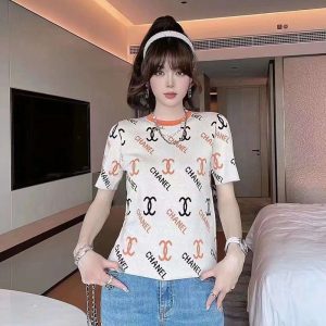 Replica Designer Chanel Women Letter Jacquard Ice Silk Short-Sleeved T-Shirt