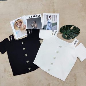Replica Designer Chanel Women Letter Off-Shoulder Square Neck Ice Silk Knitted Top
