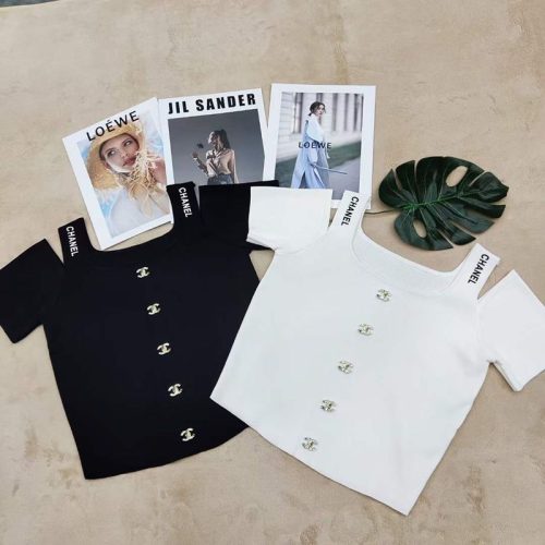 Replica Designer Chanel Women Letter Off-Shoulder Square Neck Ice Silk Knitted Top