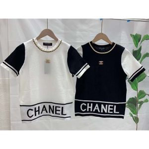 Replica Designer Chanel Women Letters Jacquard Color Matching Ice Silk Chain Decoration T-Shirt