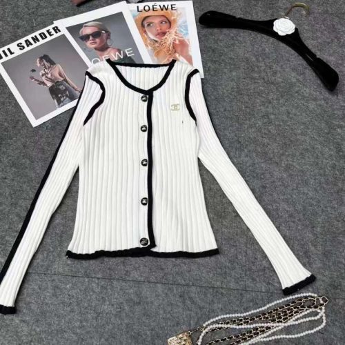 Replica Designer Chanel Women Long-Sleeved Round Neck Color Matching Sweater