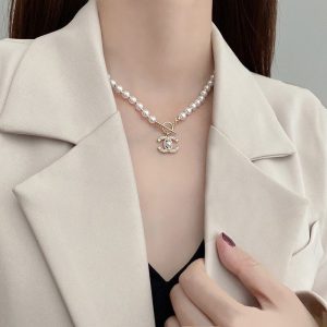 Replica Designer Chanel Women Pearl Double C Chain Necklace