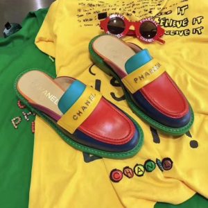 Replica Designer Chanel Women Rainbow Color Leather Flat Slippers