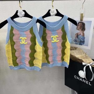 Replica Designer Chanel Women Rainbow Wave Pattern Color Knitted Vest