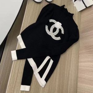 Replica Designer Chanel Women Rhinestone Camellia Long-Sleeved Knitted Sweater