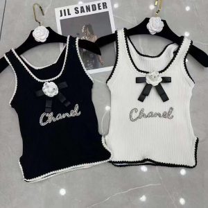 Replica Designer Chanel Women Rhinestones Black White Ice Silk Color Matching Knitted Camisole