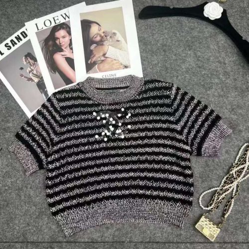 Replica Designer Chanel Women Round Neck Color Stripe Pullover Short-Sleeved Sweater