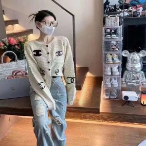 Replica Designer Chanel Women Round Neck Double C Letters Knitted Cardigan