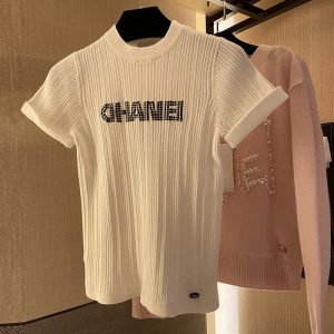Replica Designer Chanel Women Round Neck White Top Ice Silk Short-Sleeve Knitted Sweater
