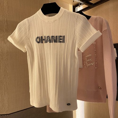 Replica Designer Chanel Women Round Neck White Top Ice Silk Short-Sleeve Knitted Sweater