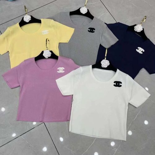 Replica Designer Chanel Women Short-Sleeved Solid Color Round Neck T-Shirt