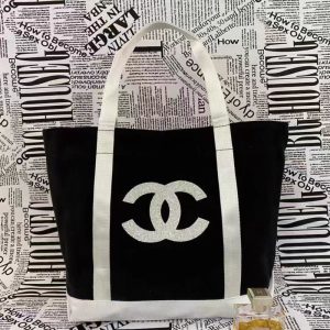 Replica Designer Chanel Women Simple Canvas Black White Stitching Double C Letters Magnetic Buckle Shoulder Bag