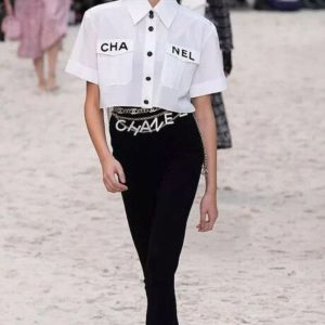 Replica Designer Chanel Women Simple Double C Letters Embroidery Short Sleeve Shirt