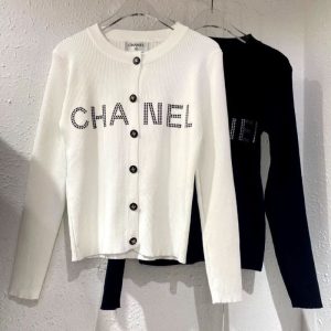 Replica Designer Chanel Women Simple Letters V-Neck Knitted Solid Color Top
