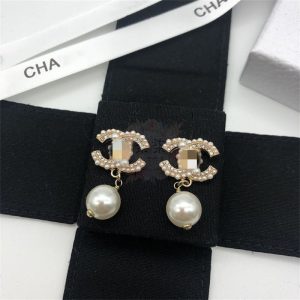 Replica Designer Chanel Women Simple Rhinestone Pearl Double C Earrings
