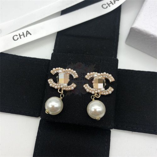 Replica Designer Chanel Women Simple Rhinestone Pearl Double C Earrings