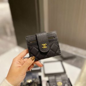 Replica Designer Chanel Women Simple Sheepskin Black Gold Multi-Card Card Holder
