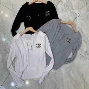 Replica Designer Chanel Women Simple Solid Color Long-Sleeved Vest And Cardigan Two-Piece Set
