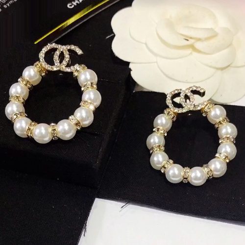 Replica Designer Chanel Women Simple String Pearl Geometric Hoop Pearl Rhinestone Double C Earrings