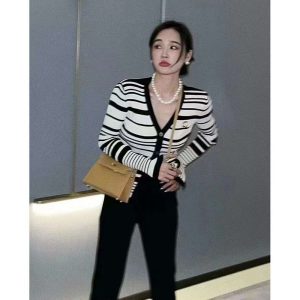 Replica Designer Chanel Women Stripe Long-Sleeved V-Neck Thin Knitted Cardigan