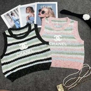 Replica Designer Chanel Women Stripe Stitching Ice Silk Sleeveless Knitted Camisole