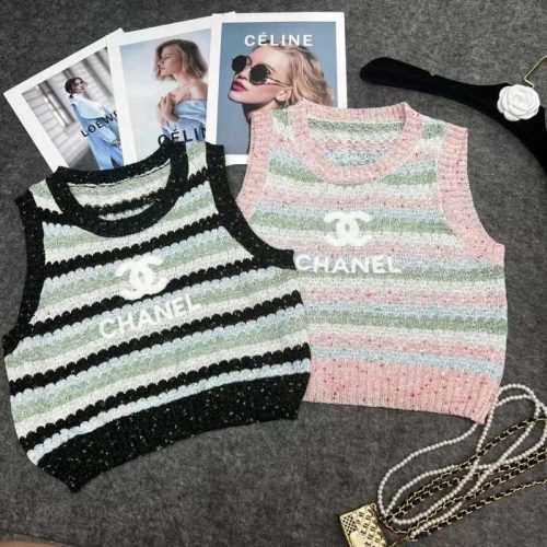 Replica Designer Chanel Women Stripe Stitching Ice Silk Sleeveless Knitted Camisole