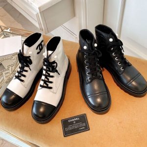 Replica Designer Chanel Women Thick Heel Lace Up Double C Stitching Martin Boots