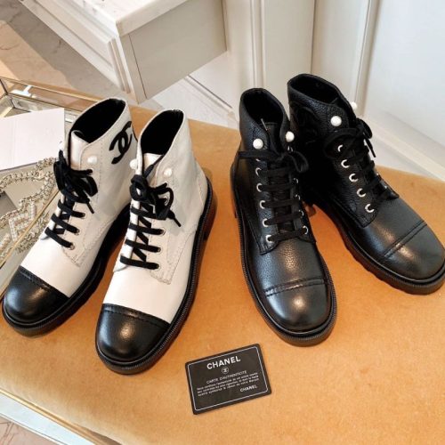 Replica Designer Chanel Women Thick Heel Lace Up Double C Stitching Martin Boots