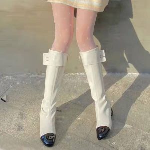 Replica Designer Chanel Women Thick Knee Side Zipper High Boots
