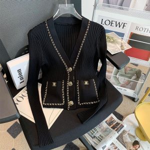 Replica Designer Chanel Women V-Neck Metal Button Chain Knitted Sweater