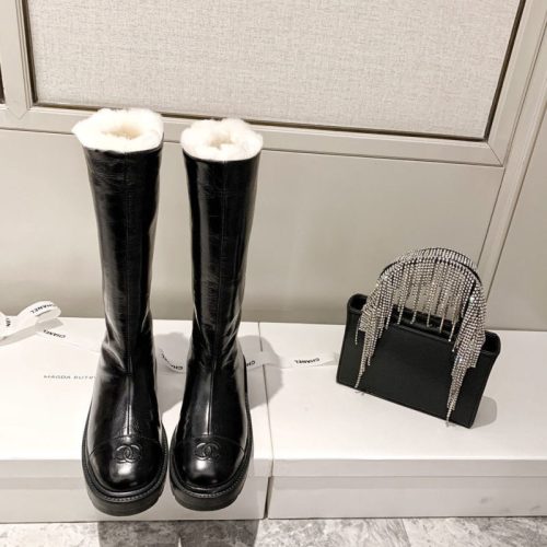Replica Designer Chanel Women Velvet Thick Heel High Fur Boots