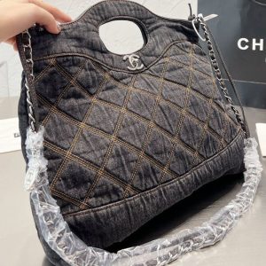 Replica Designer Chanel Women Washed Gradient Denim Embroidered Large Capacity Tote Bag
