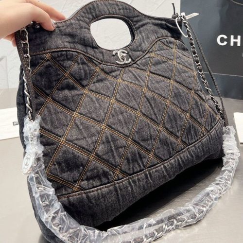 Replica Designer Chanel Women Washed Gradient Denim Embroidered Large Capacity Tote Bag