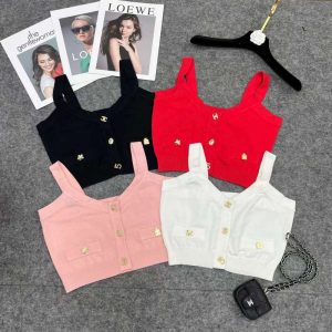 Replica Designer Chanel Women White Metal Buckle Sleeveless Sweater