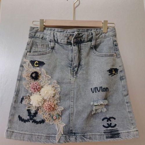 Replica Designer Chanel Women'S Fashion Beaded French Floral Denim Skirt