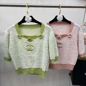 Replica Designer Chanel Womens Double C Letters Jacquard Furry Short-Sleeved Sweater
