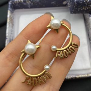 Replica Designer Dior Antique Metal Letter Half Circle Imitation Pearl Stud Earrings