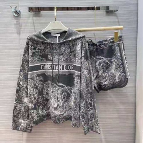 Replica Designer Dior Casual Alphabet Jacquard Hoodie + Shorts Two-Piece Set